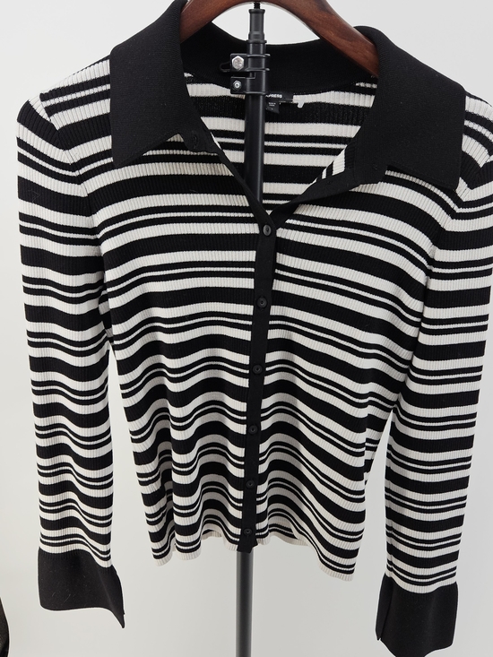 Express Sweaters - Express Black & White Striped Button-Up Knit Cardigan